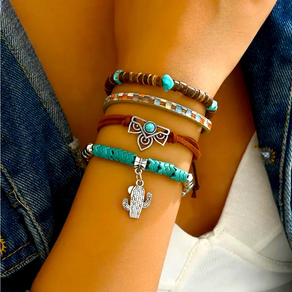 Boho Chic Cactus Turquoise Wooden Bracelet Set‎ Handmade Jewelry for Any Day